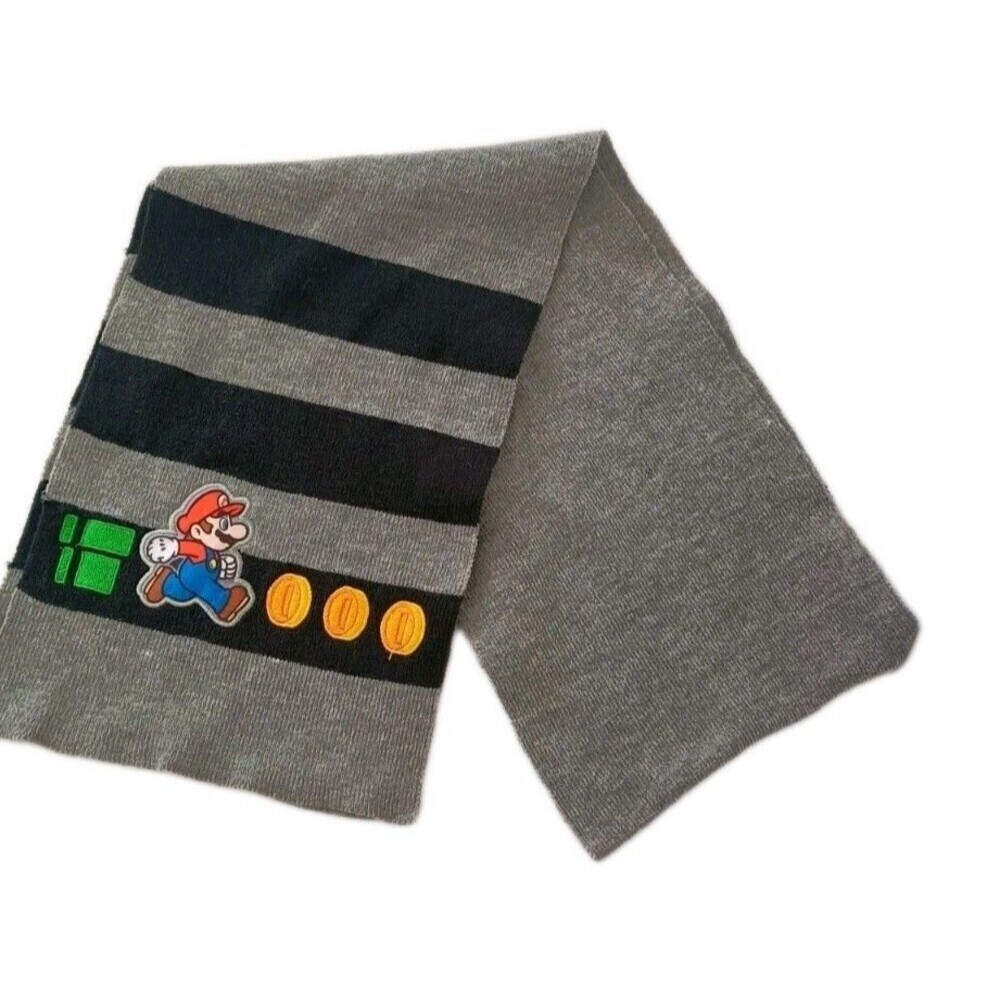 Super Mario Winter Scarf Black Grey Striped Embroidered 59" Juvenile Gamer Gift